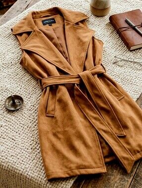 Faux Suede Trench Vest in Camel Tan